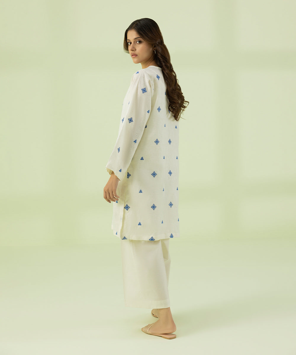Women's Pret Summer Pure Linen Off White Embroidered Boxy Shirt