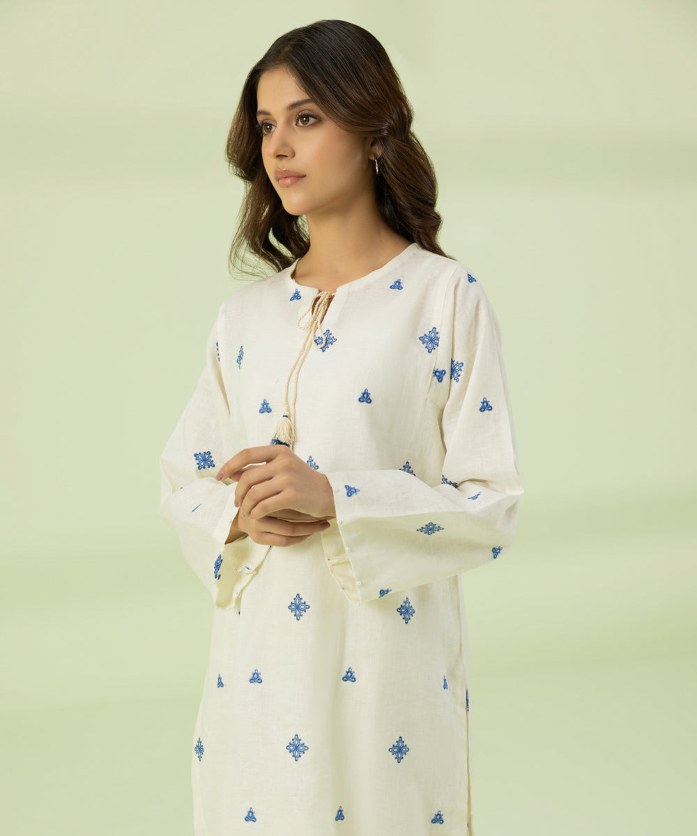 Women's Pret Summer Pure Linen Off White Embroidered Boxy Shirt