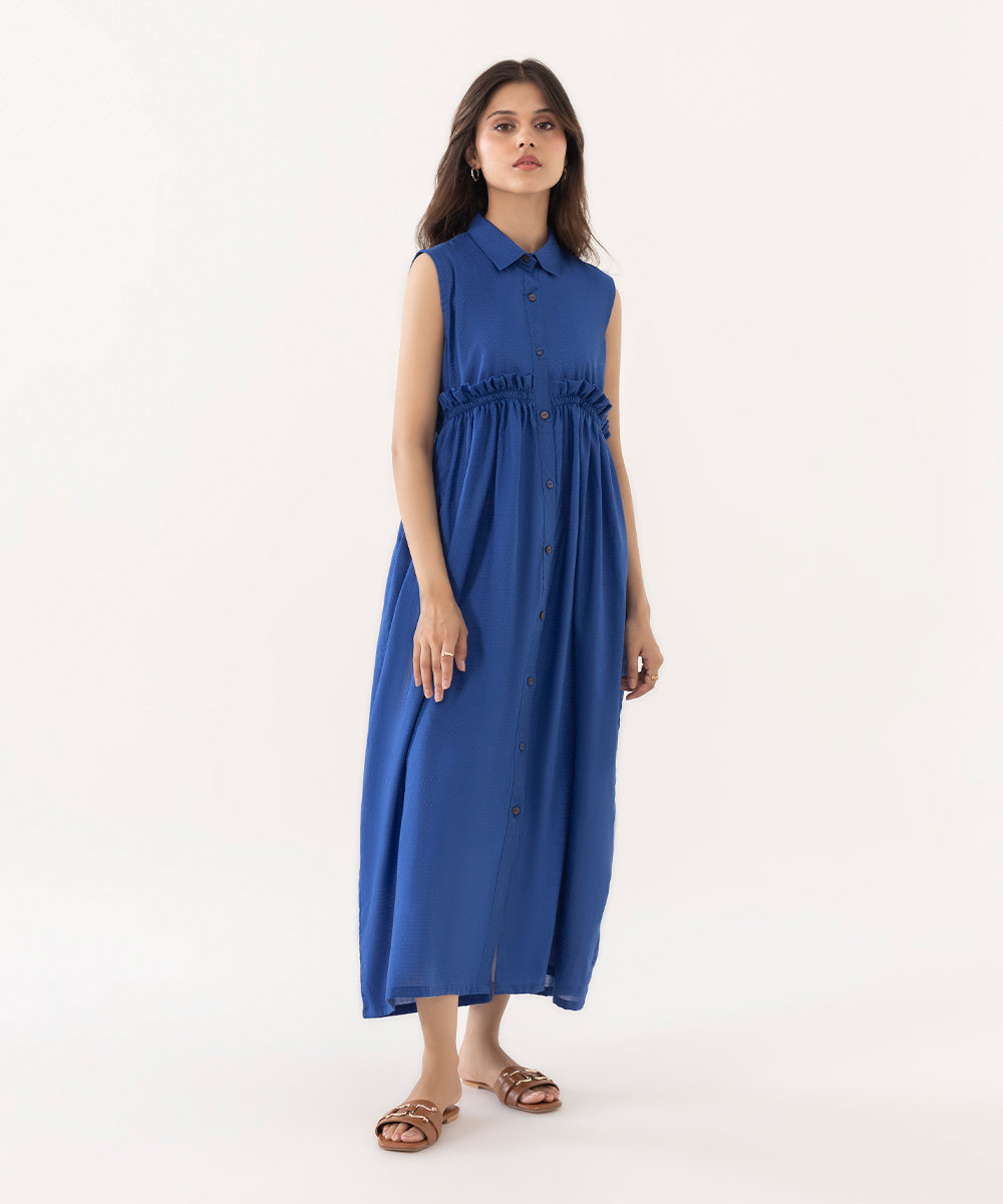 Women's Intermix Pret Textured Cotton Blue Shirt