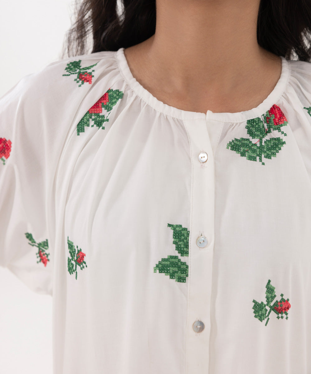 Women's Intermix Pret Cotton Solid Embroidered White Shirt