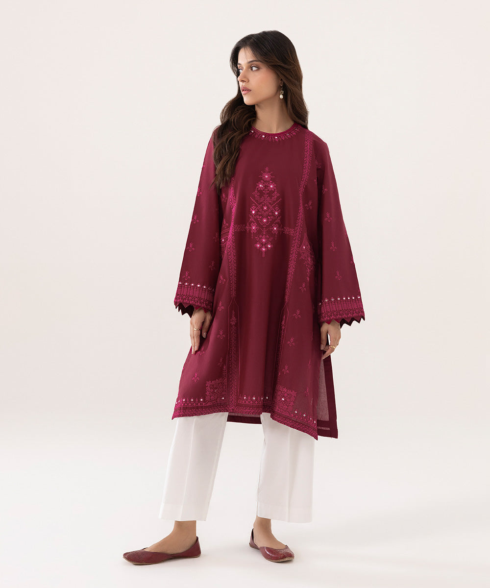Women's Intermix Pret Cotton Solid Embroidered Maroon Shirt
