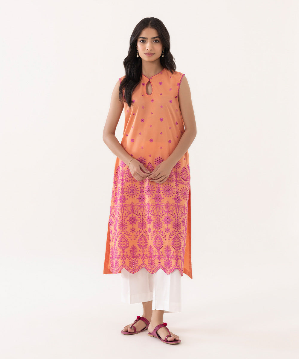 Women's Intermix Pret Cotton Solid Embroidered Orange Shirt