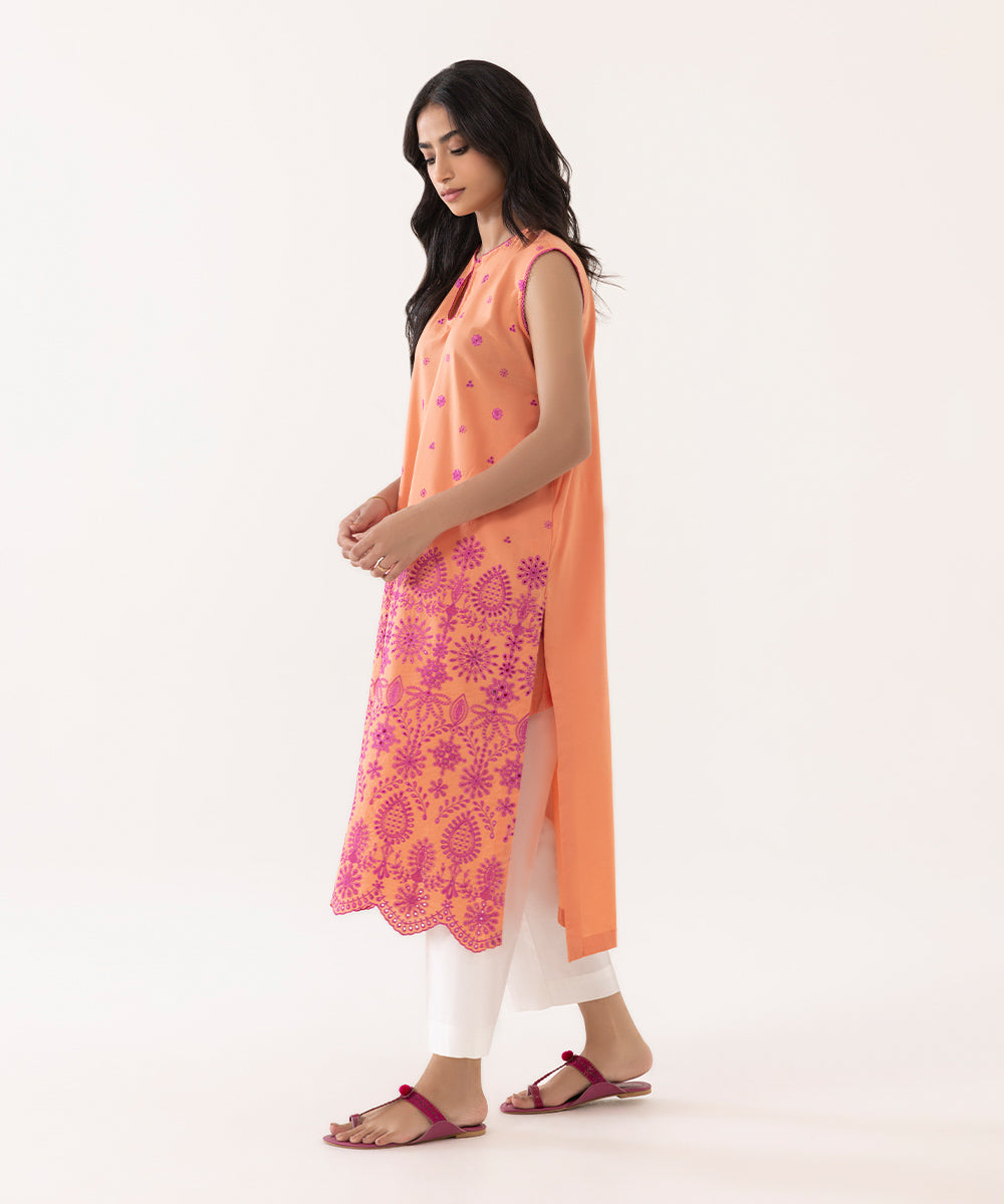 Women's Intermix Pret Cotton Solid Embroidered Orange Shirt