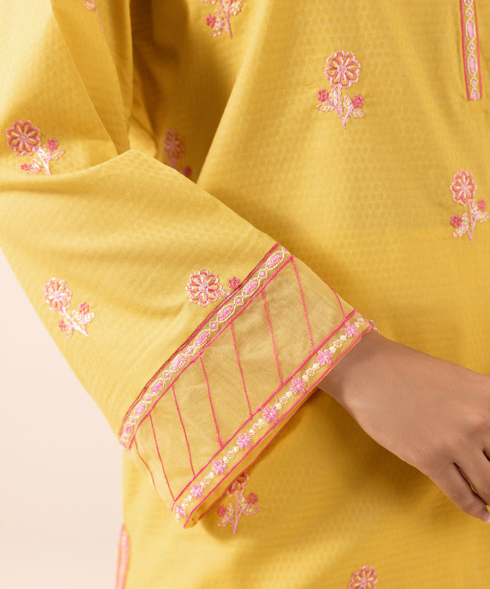 Women's Pret Dobby Yellow Embroidered Boxy Shirt