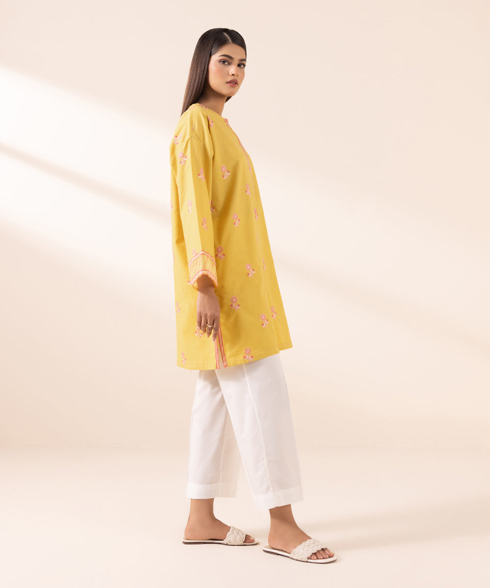 Women's Pret Dobby Yellow Embroidered Boxy Shirt