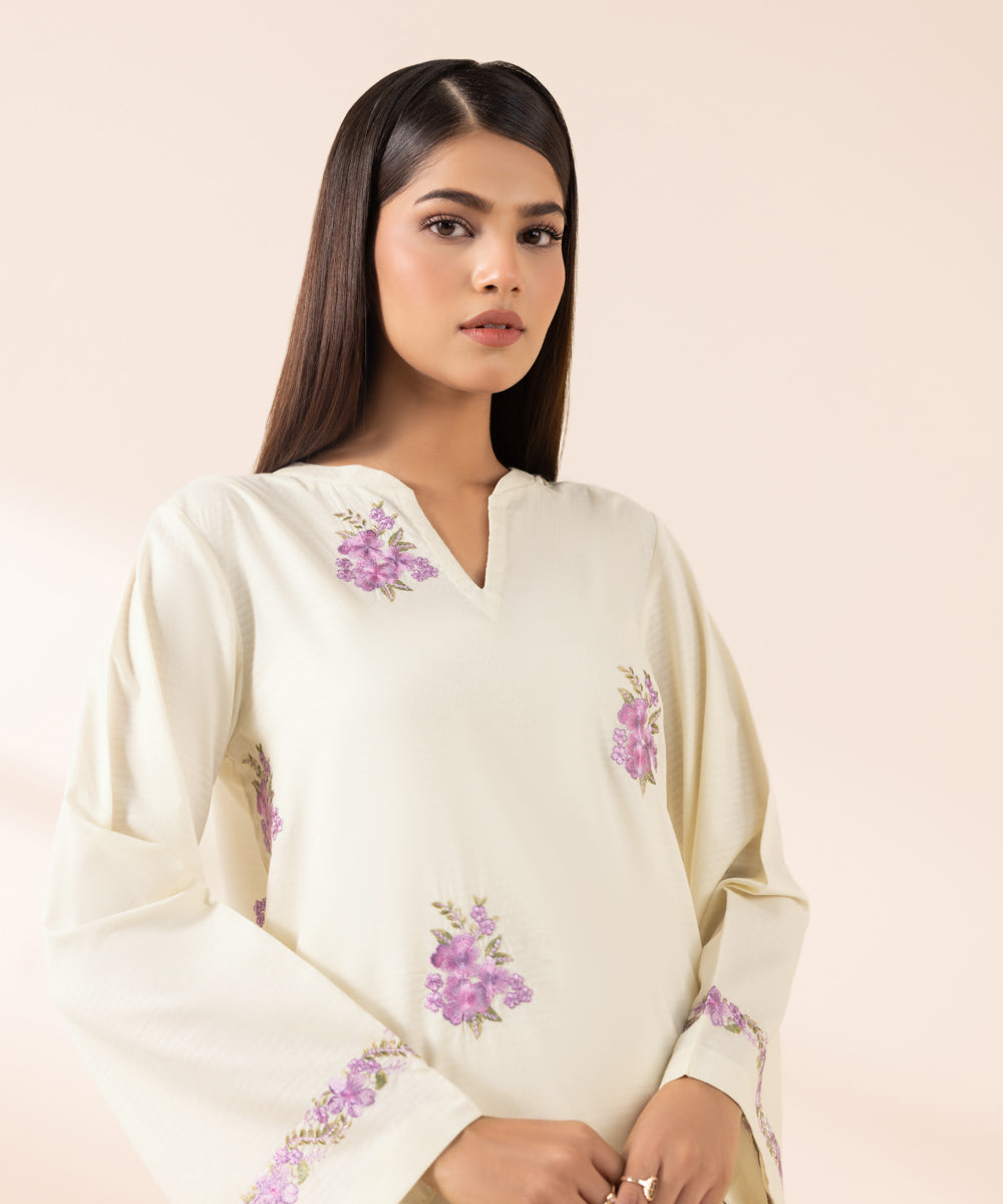 Women's Pret Dobby Off White Embroidered A-Line Shirt