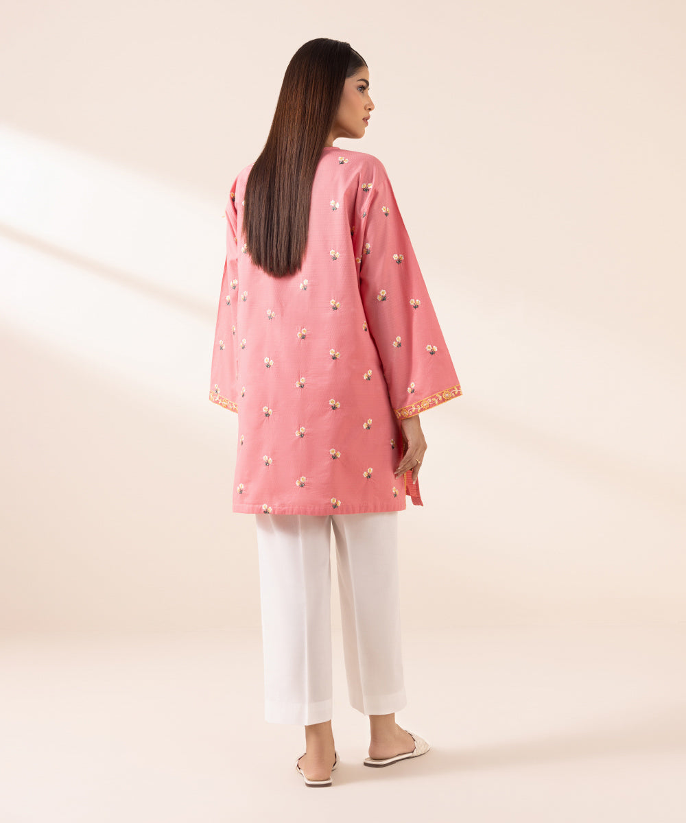 Women's Pret Dobby Pink Embroidered Boxy Shirt