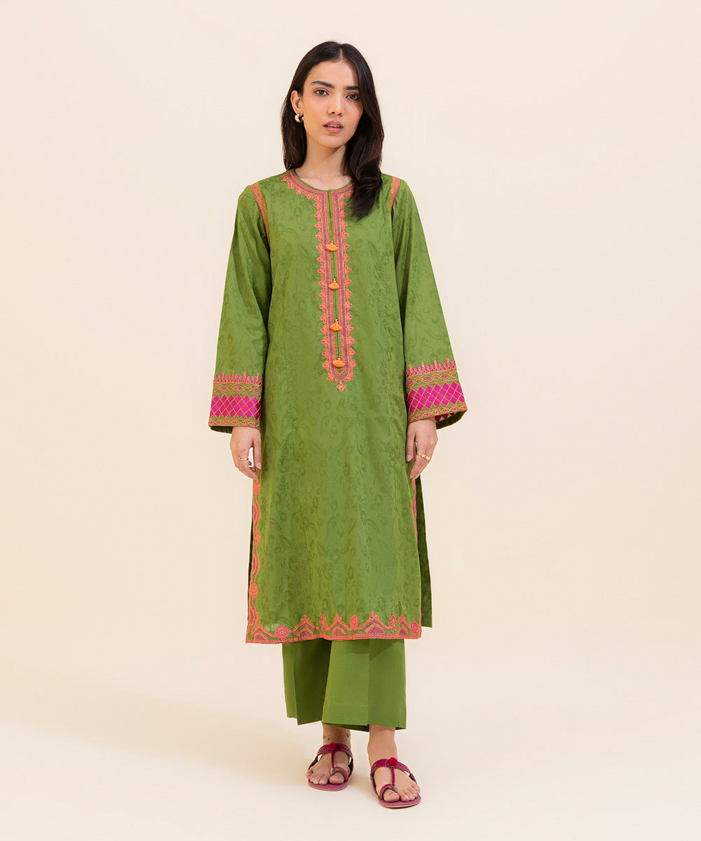 Women's Eid Pret Self Jacquard Solid Embroidered Parrot Green Straight Shirt