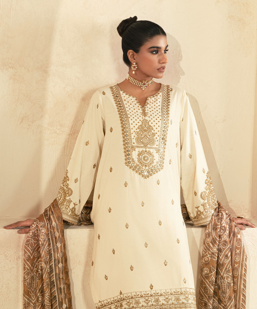 Women's Pret Raw Silk Embroidered Beige A-Line Shirt