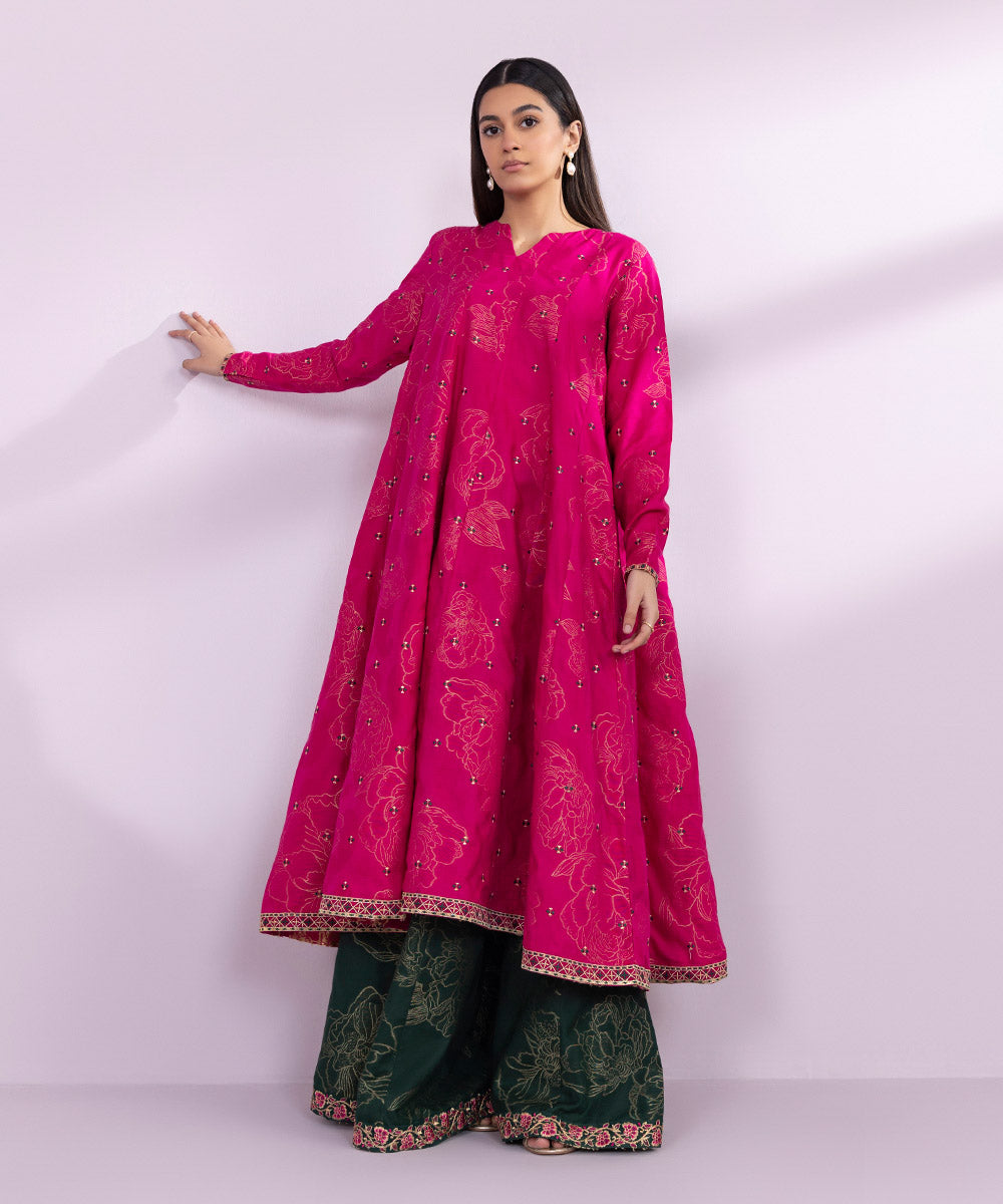 Women's Pret Extra Weft Jacquard Embroidered Pink Pishwas