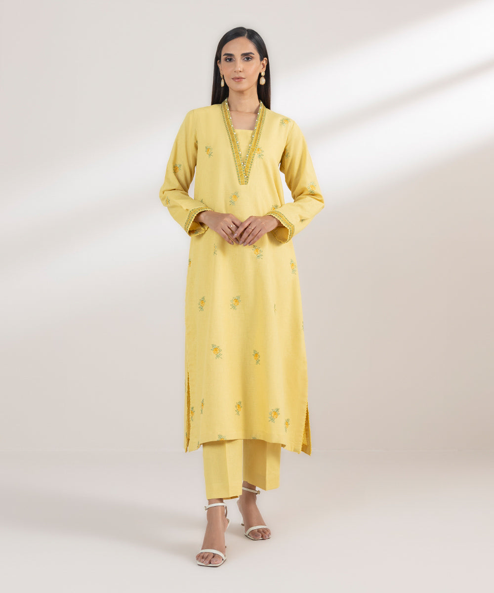 Women's Pret Cotton Linen Embroidered Yellow A-Line Shirt