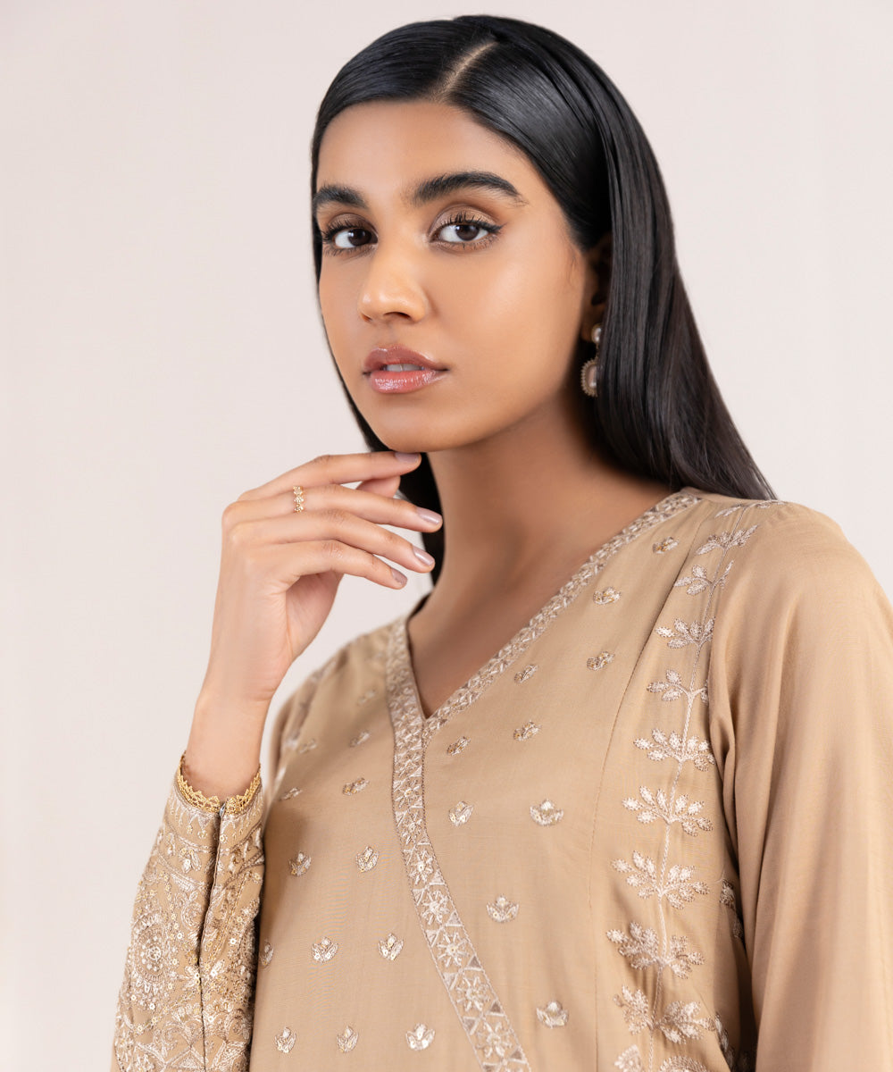 Women's Pret Raw Silk Embroidered Brown A-Line Shirt