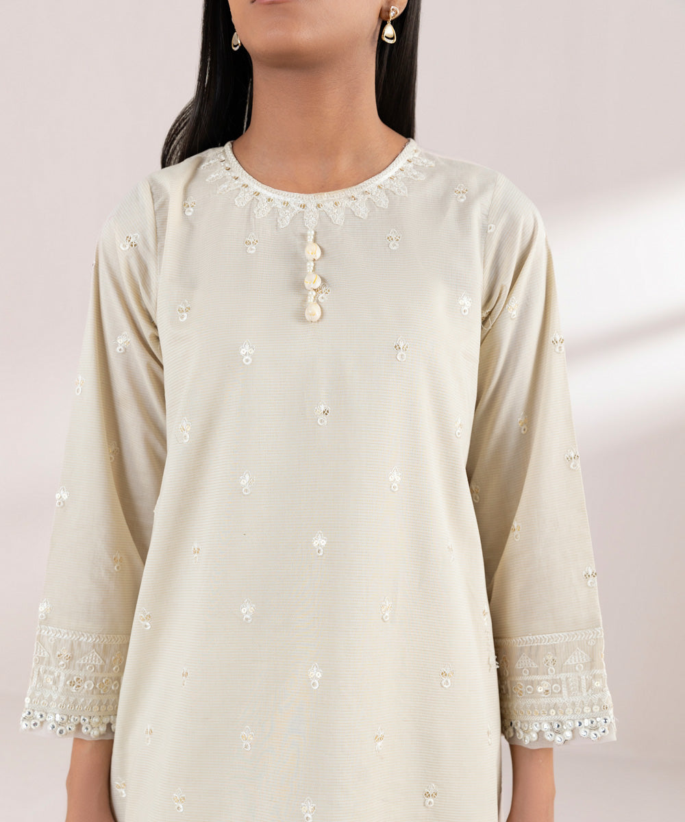 Women's Pret Zari Lawn Embroidered Beige A-Line Shirt