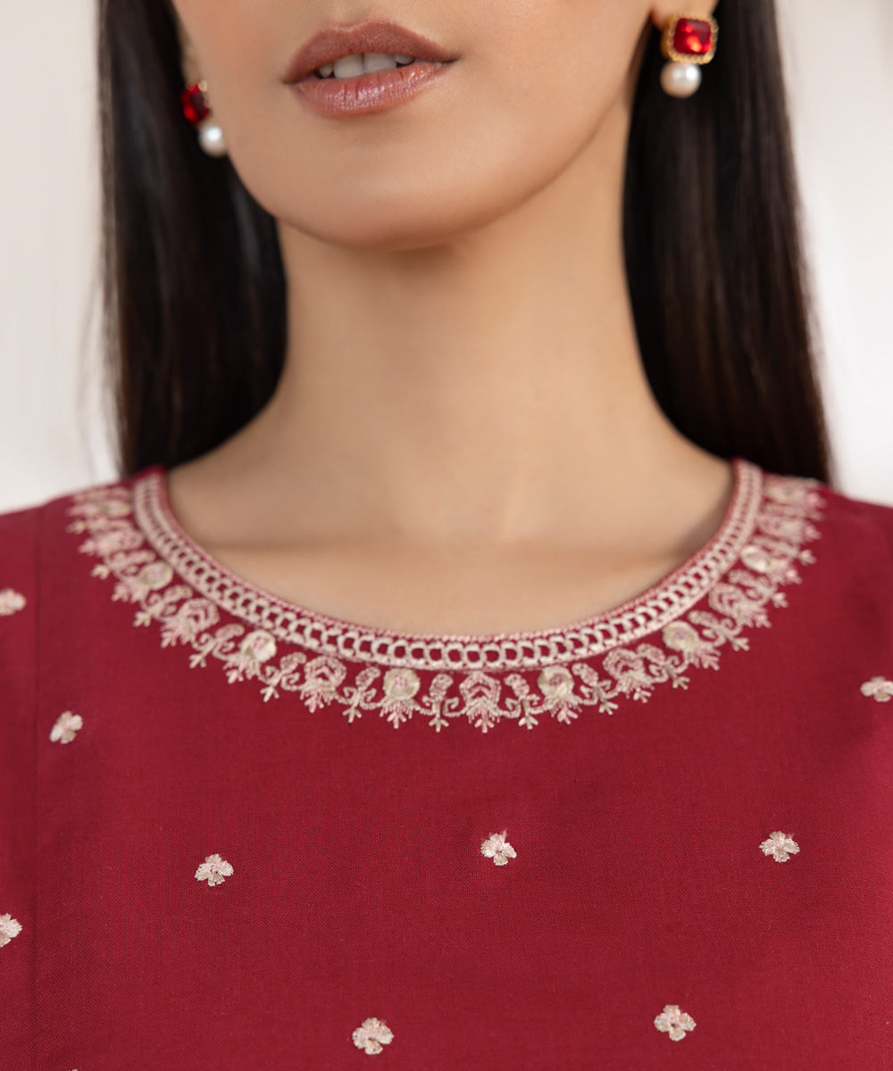 Women's Pret Cotton Linen Embroidered Red A-Line Shirt