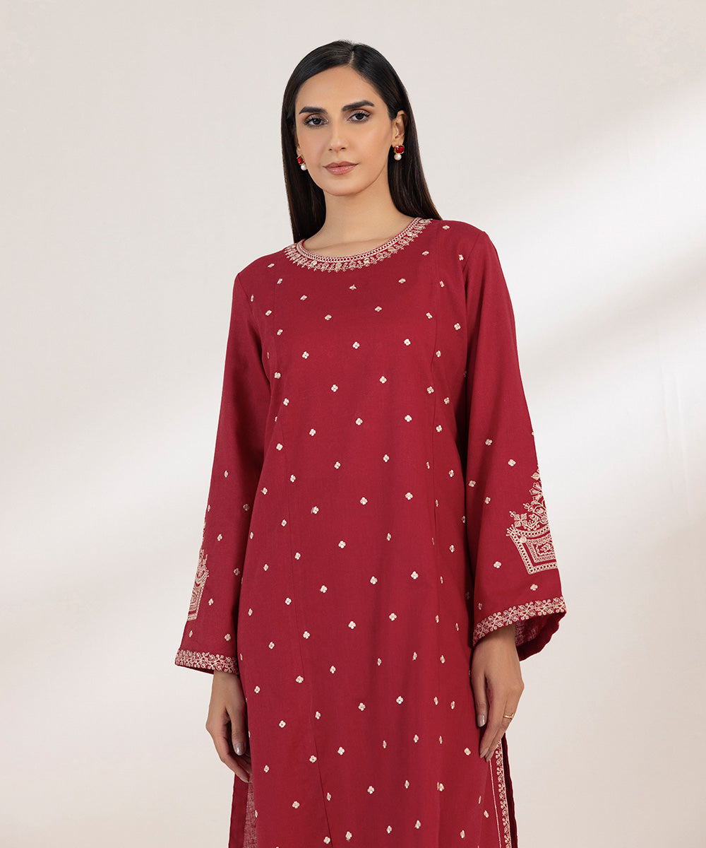 Women's Pret Cotton Linen Embroidered Red A-Line Shirt