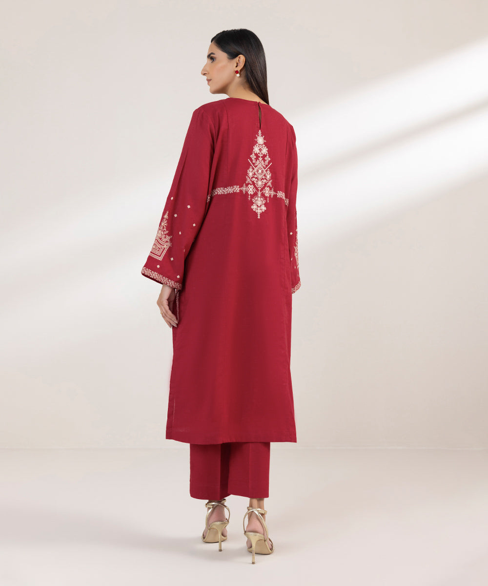 Women's Pret Cotton Linen Embroidered Red A-Line Shirt