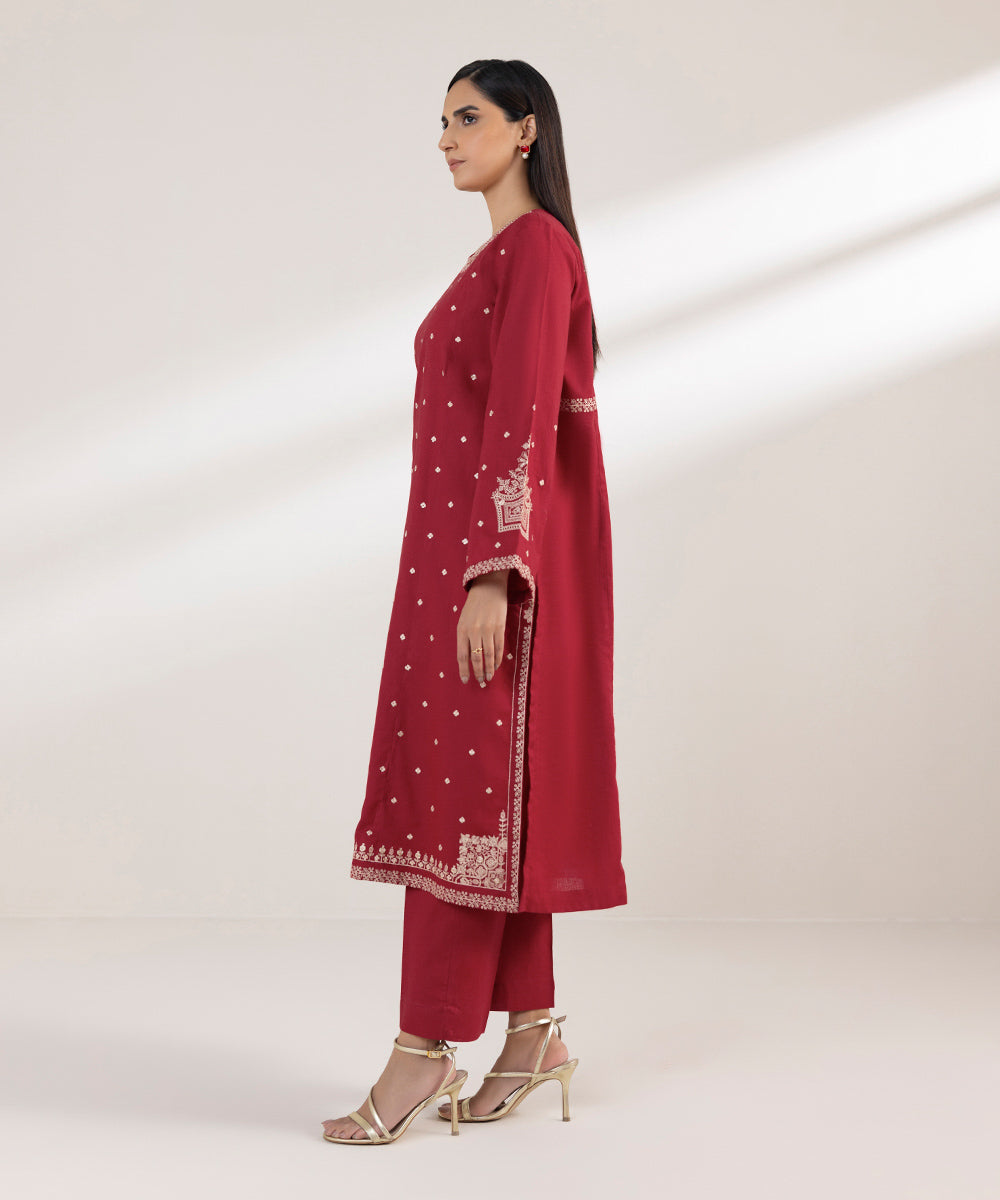 Women's Pret Cotton Linen Embroidered Red A-Line Shirt