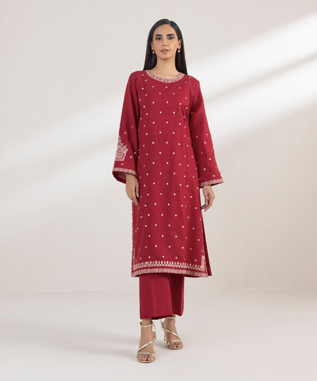 Women's Pret Cotton Linen Embroidered Red A-Line Shirt