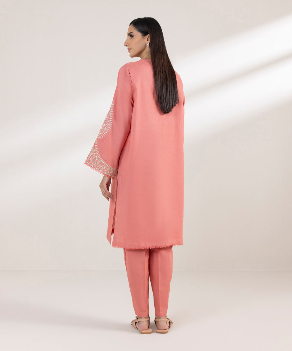 Women's Pret Cotton Linen Embroidered Pink Boxy Shirt