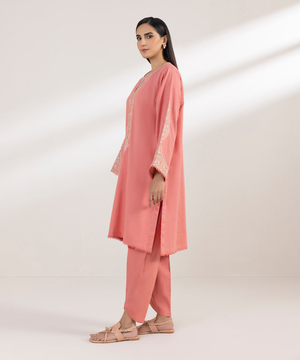 Women's Pret Cotton Linen Embroidered Pink Boxy Shirt