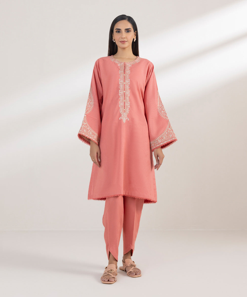 Women's Pret Cotton Linen Embroidered Pink Boxy Shirt
