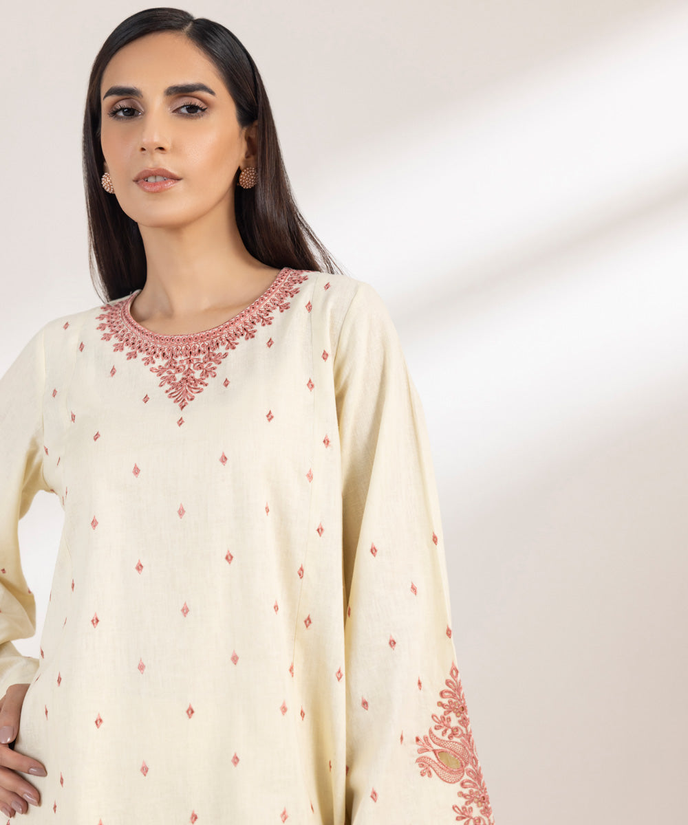 Women's Pret Cotton Linen Embroidered Off White A-Line Shirt