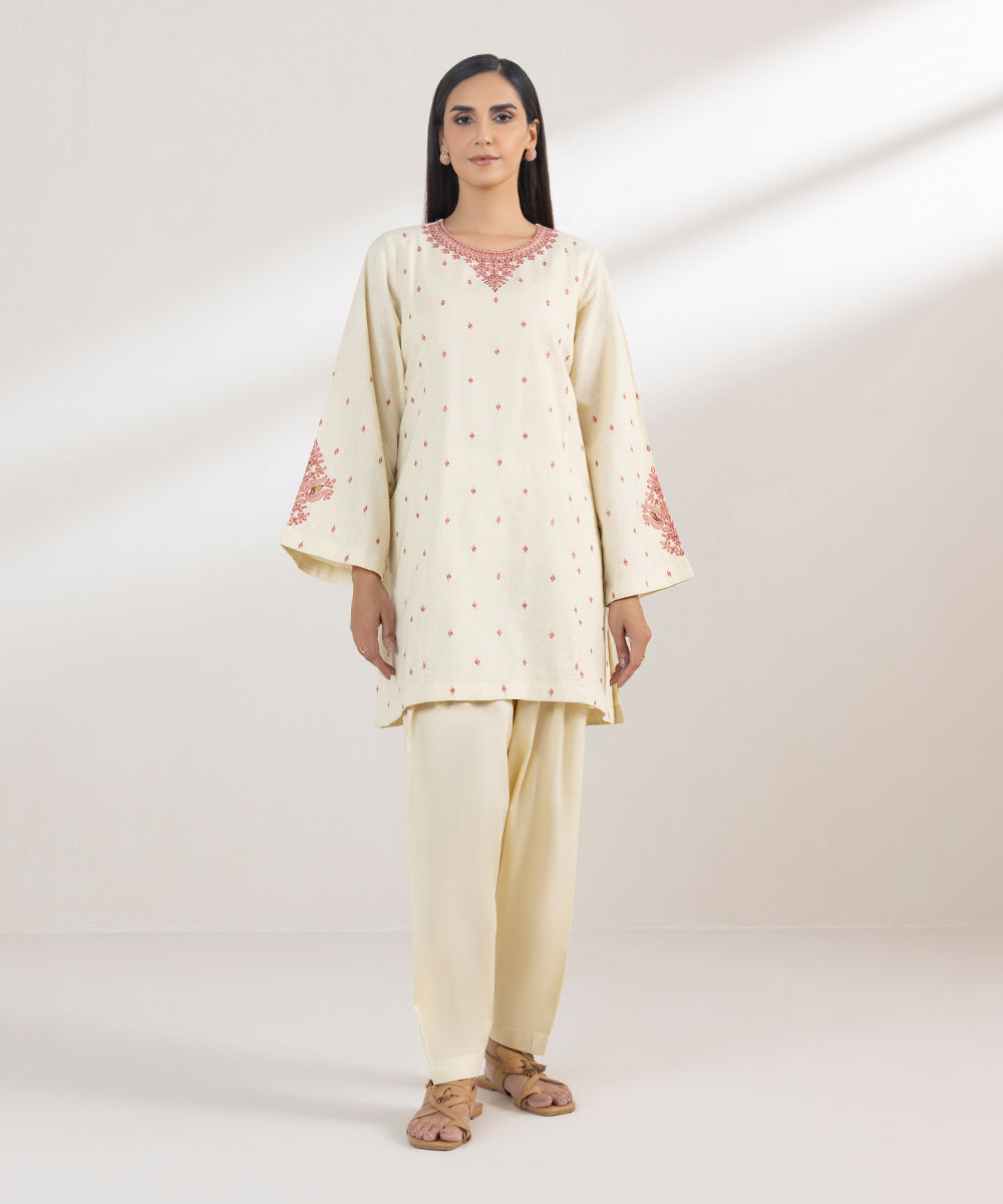 Women's Pret Cotton Linen Embroidered Off White A-Line Shirt