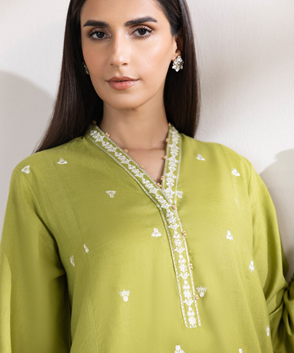 Women's Pret Cotton Linen Embroidered Green A-Line Shirt