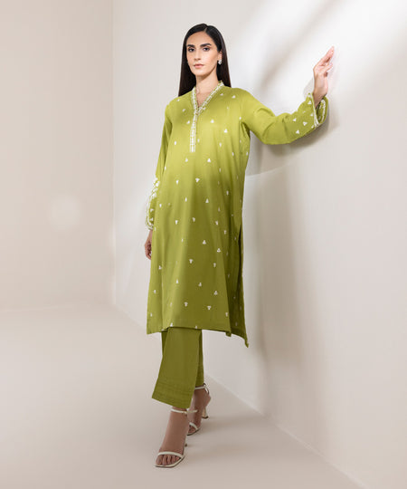 Women's Pret Cotton Linen Embroidered Green A-Line Shirt