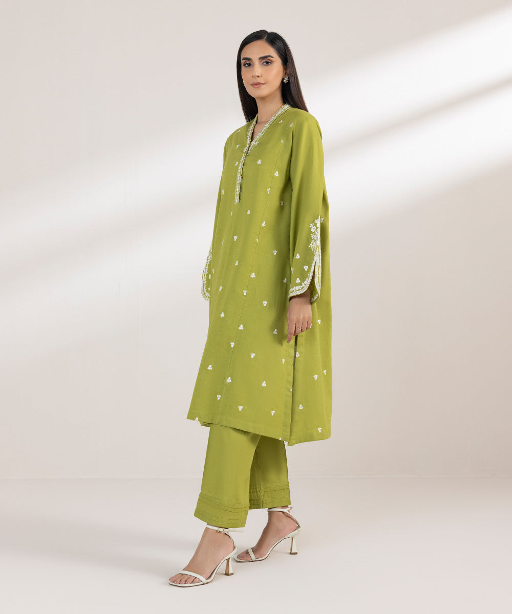 Women's Pret Cotton Linen Embroidered Green A-Line Shirt