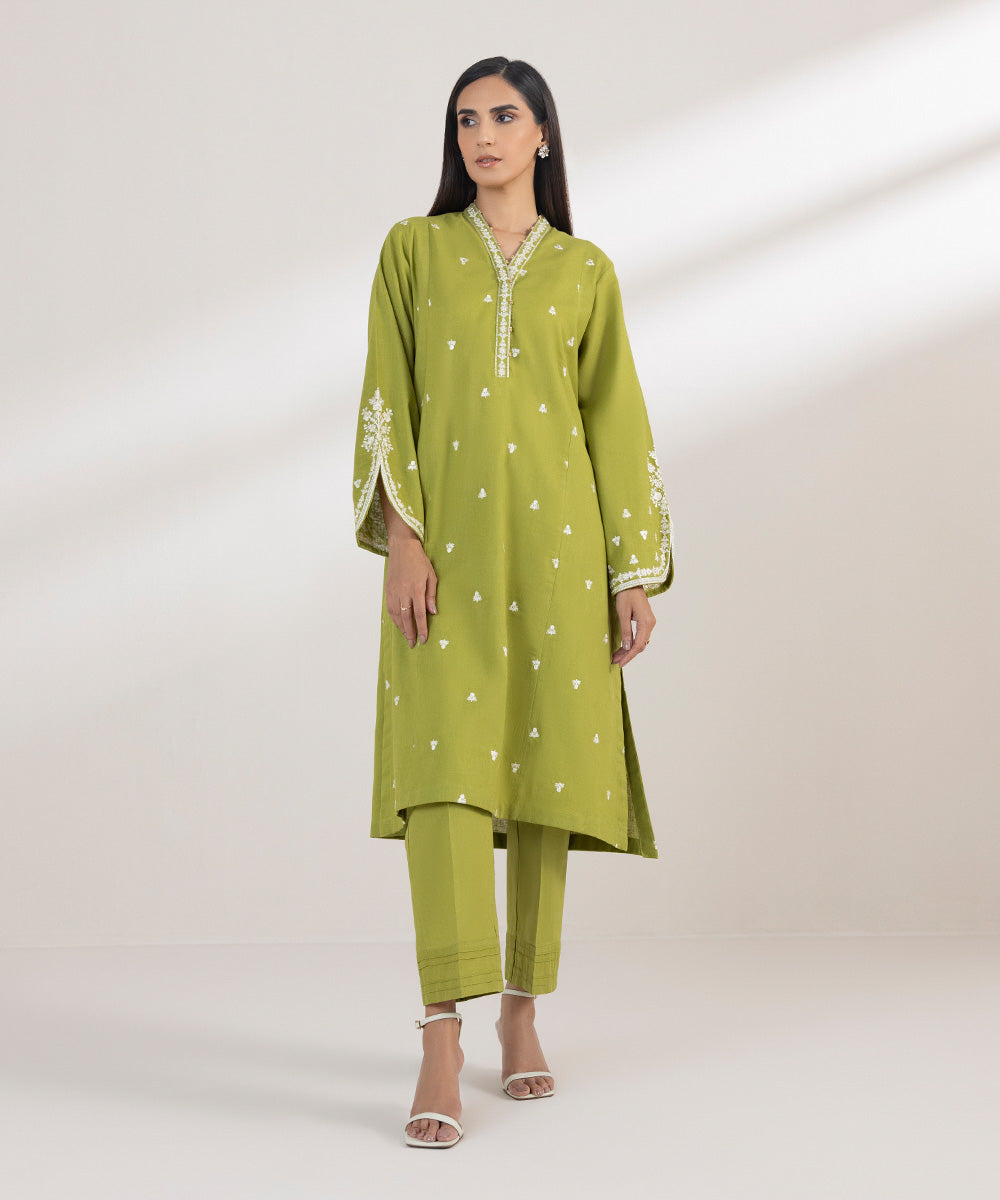 Women's Pret Cotton Linen Embroidered Green A-Line Shirt