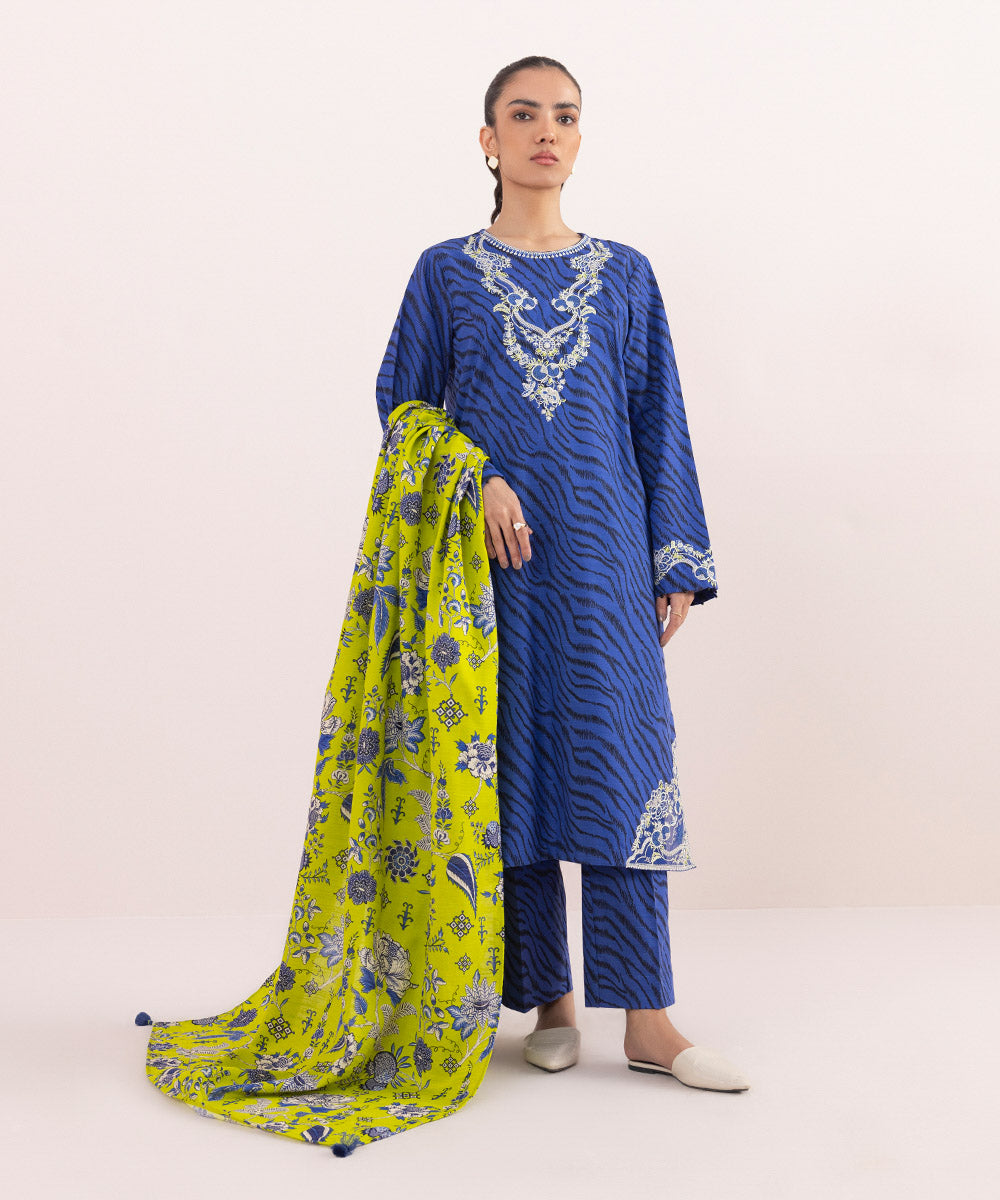 Women's Pret Khaddar Embroidered Blue 3 Piece Suit