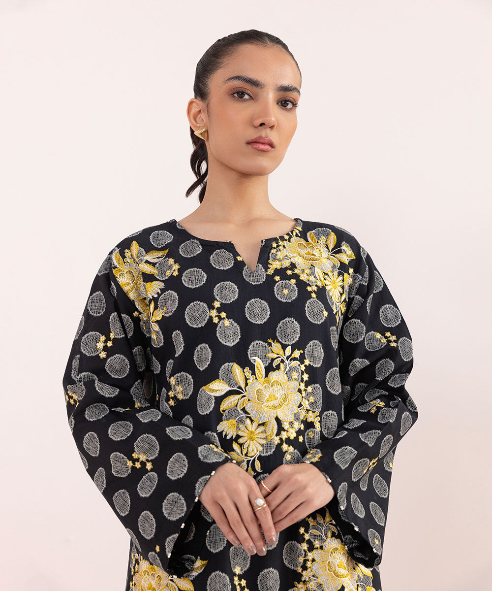 Women's Pret Khaddar Embroidered Black A-Line Shirt