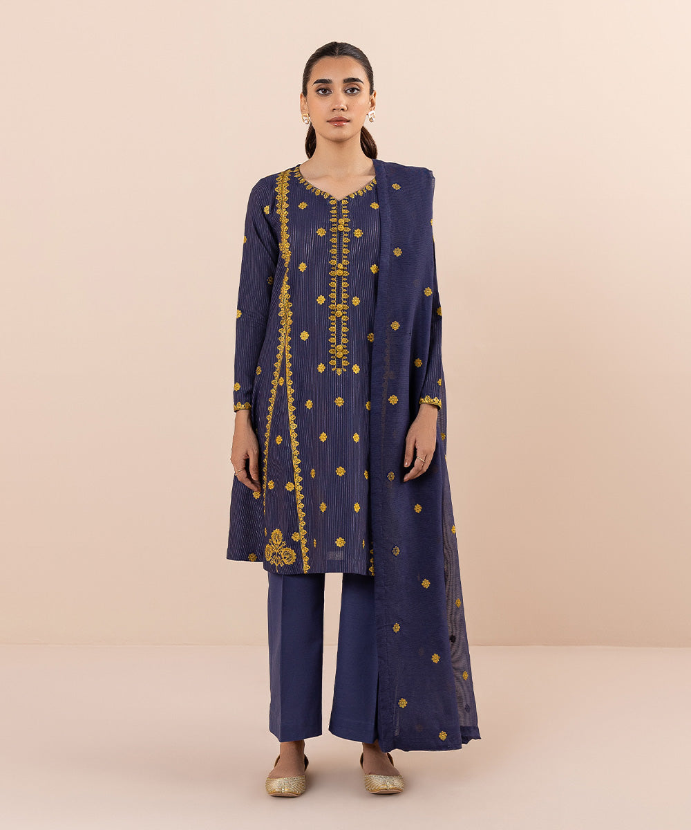 Women's Pret Zari Khaddar Embroidered Blue 2 Piece Suit