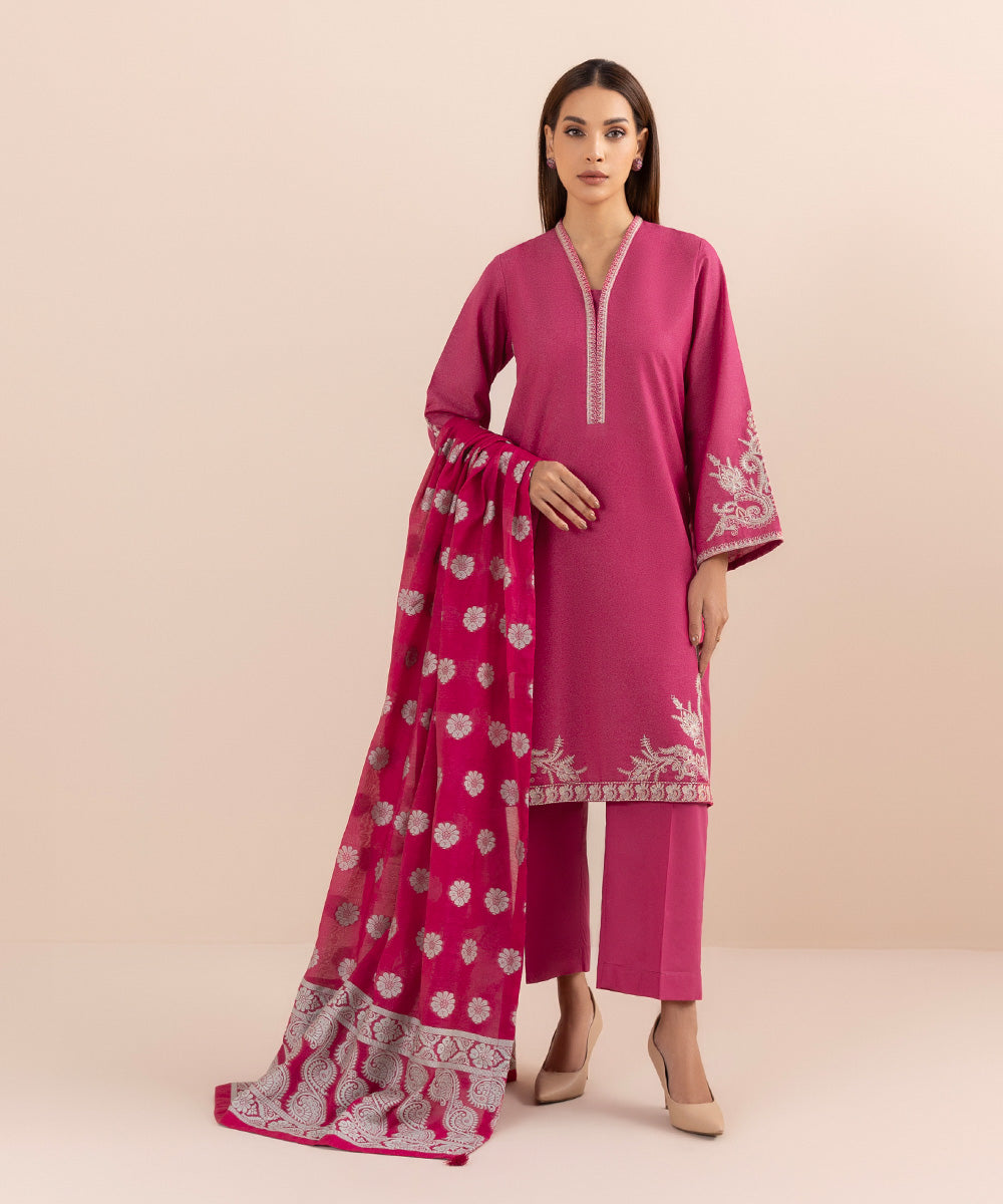 Women's Pret Karandi Embroidered Pink 3 Piece Suit