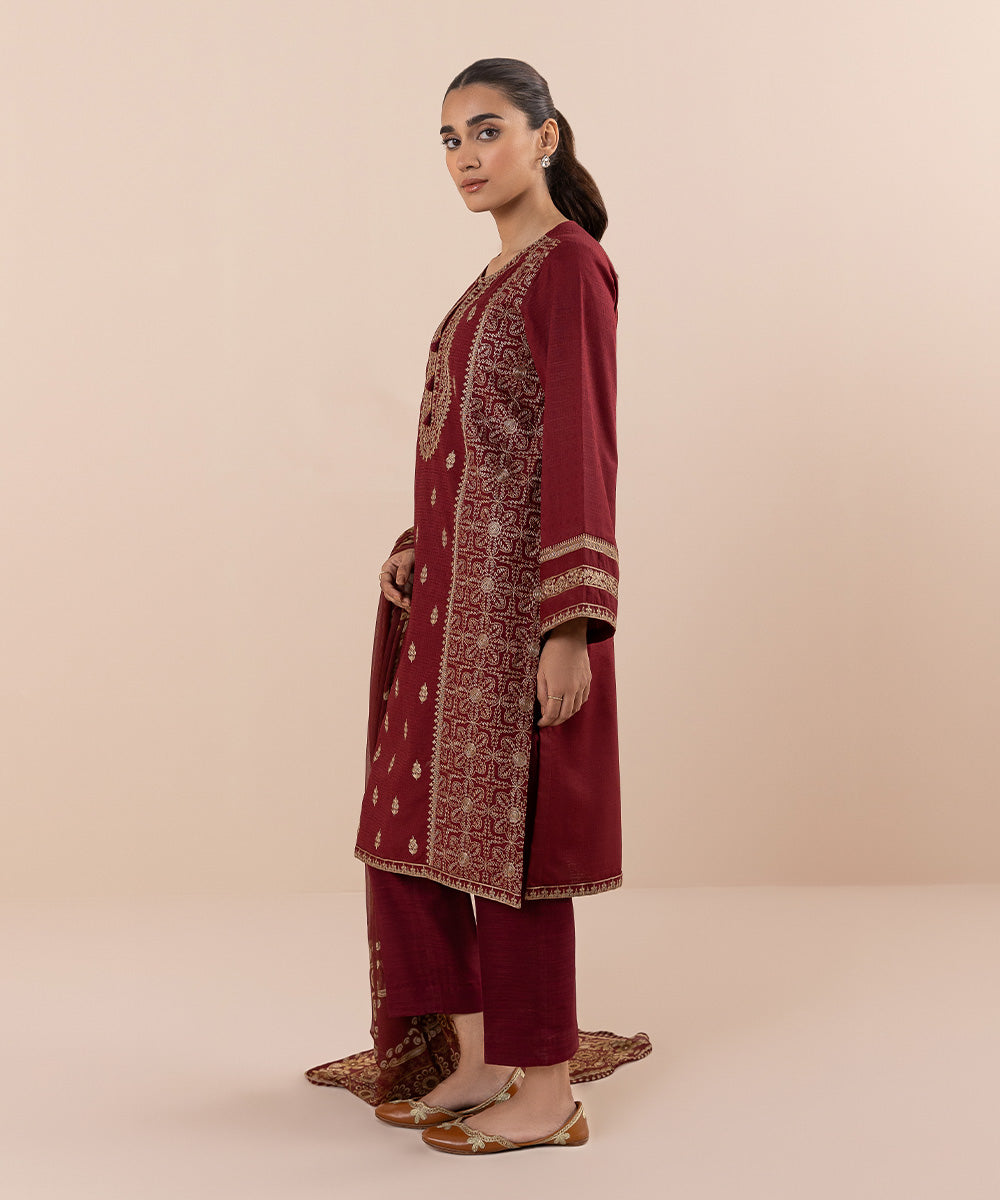 Women's Pret Self Jacquard Embroidered Red 2 Piece Suit