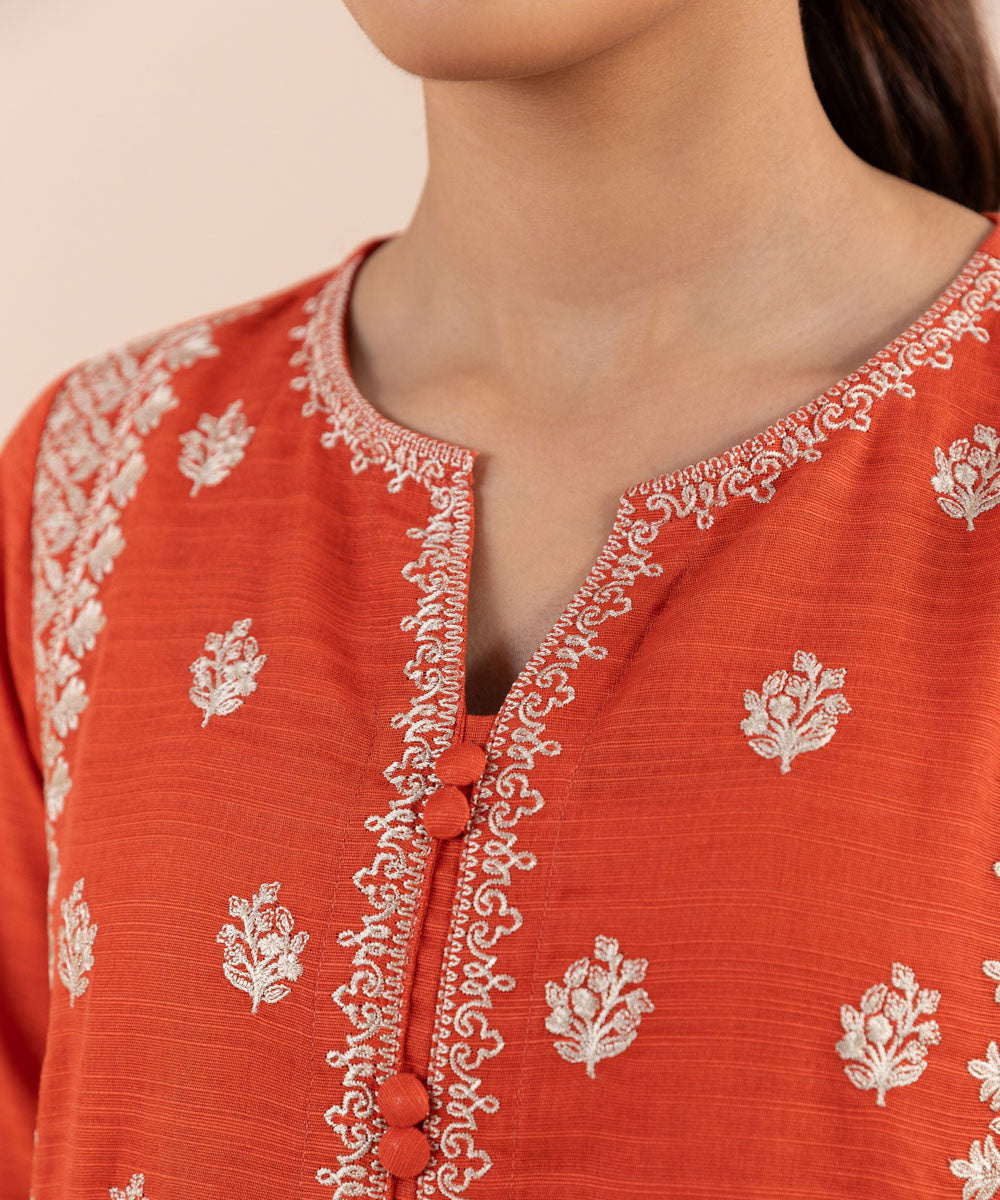 Women's Pret Khaddar Embroidered Orange 2 Piece Suit