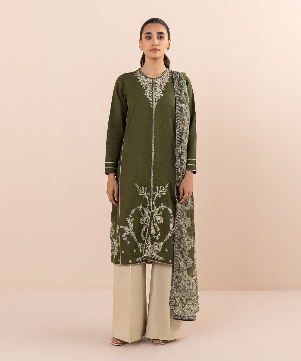 Women's Pret Khaddar Embroidered Green 2 Piece Suit