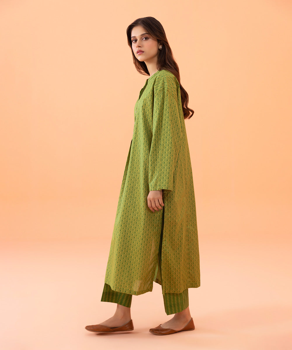 Women's Intermix Pret Printed Textured Cotton Green Shirt
