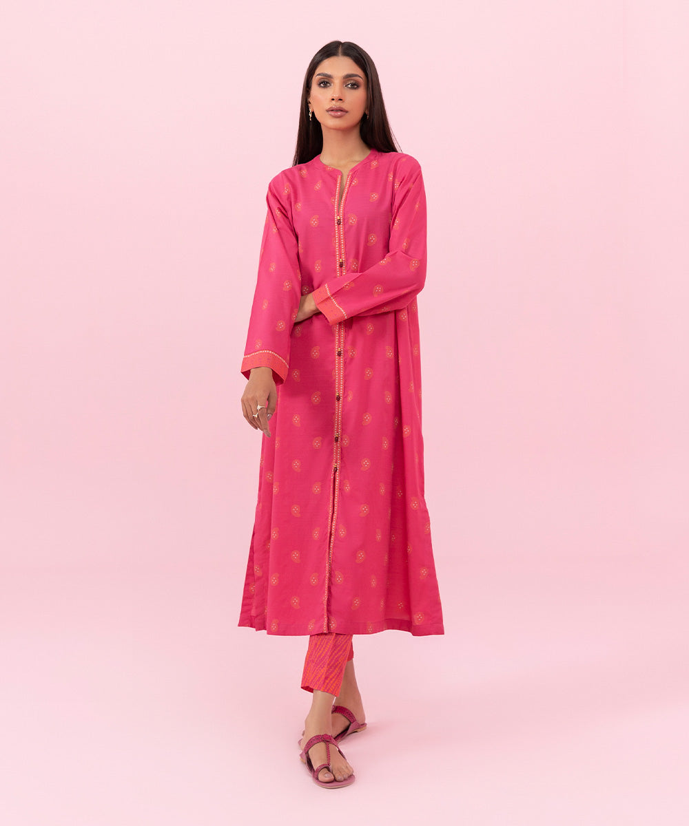 Women's Pret Printed Slub Cambric Pink A-line Shirt