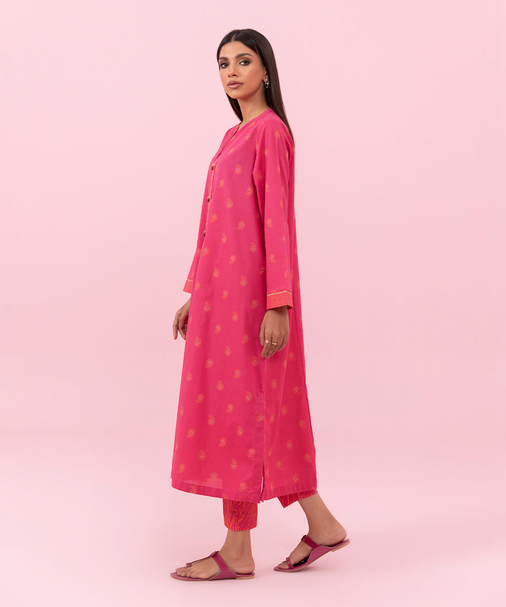 Women's Pret Printed Slub Cambric Pink A-line Shirt