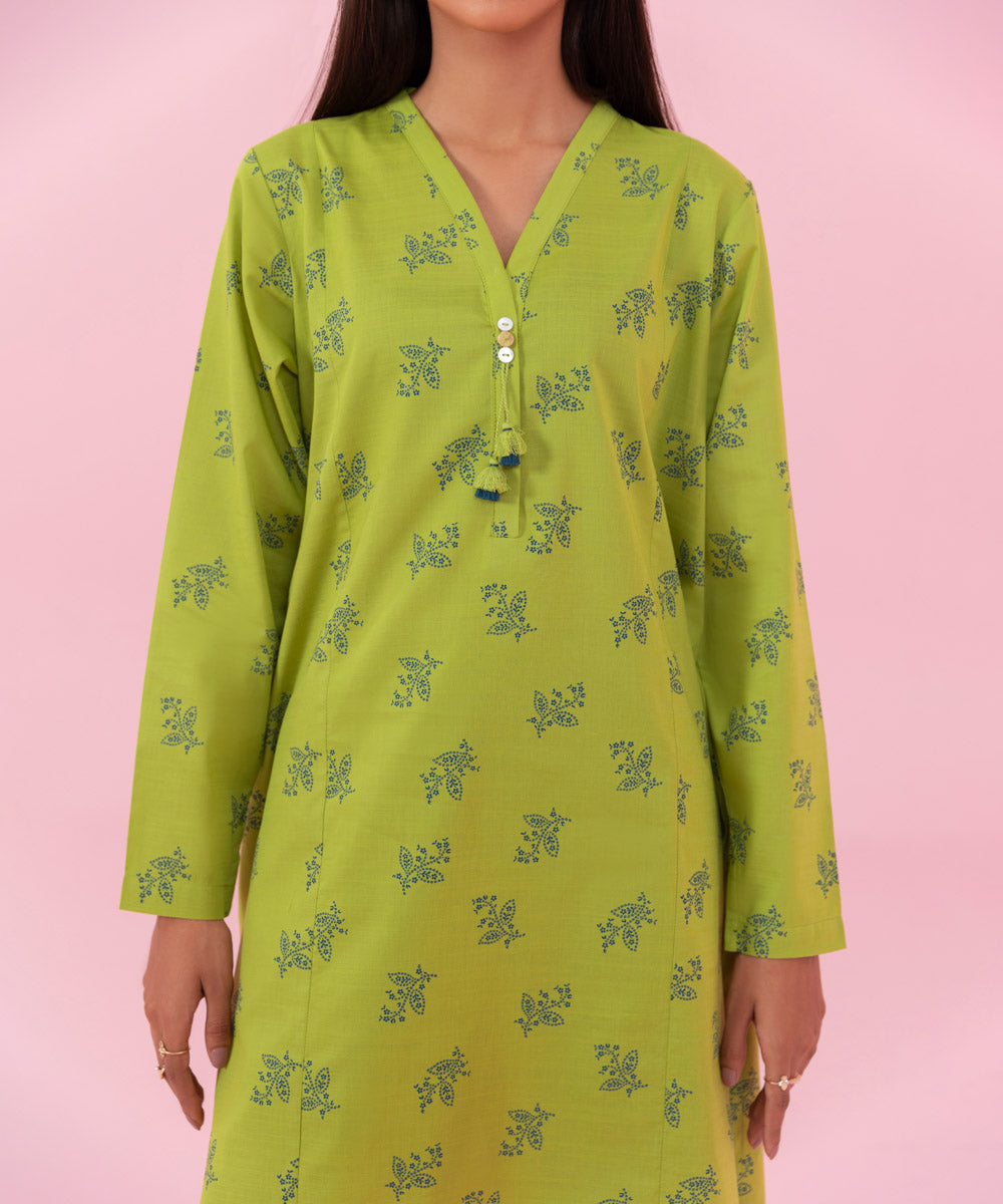 Women's Pret Printed Slub Cambric Green A-line Shirt