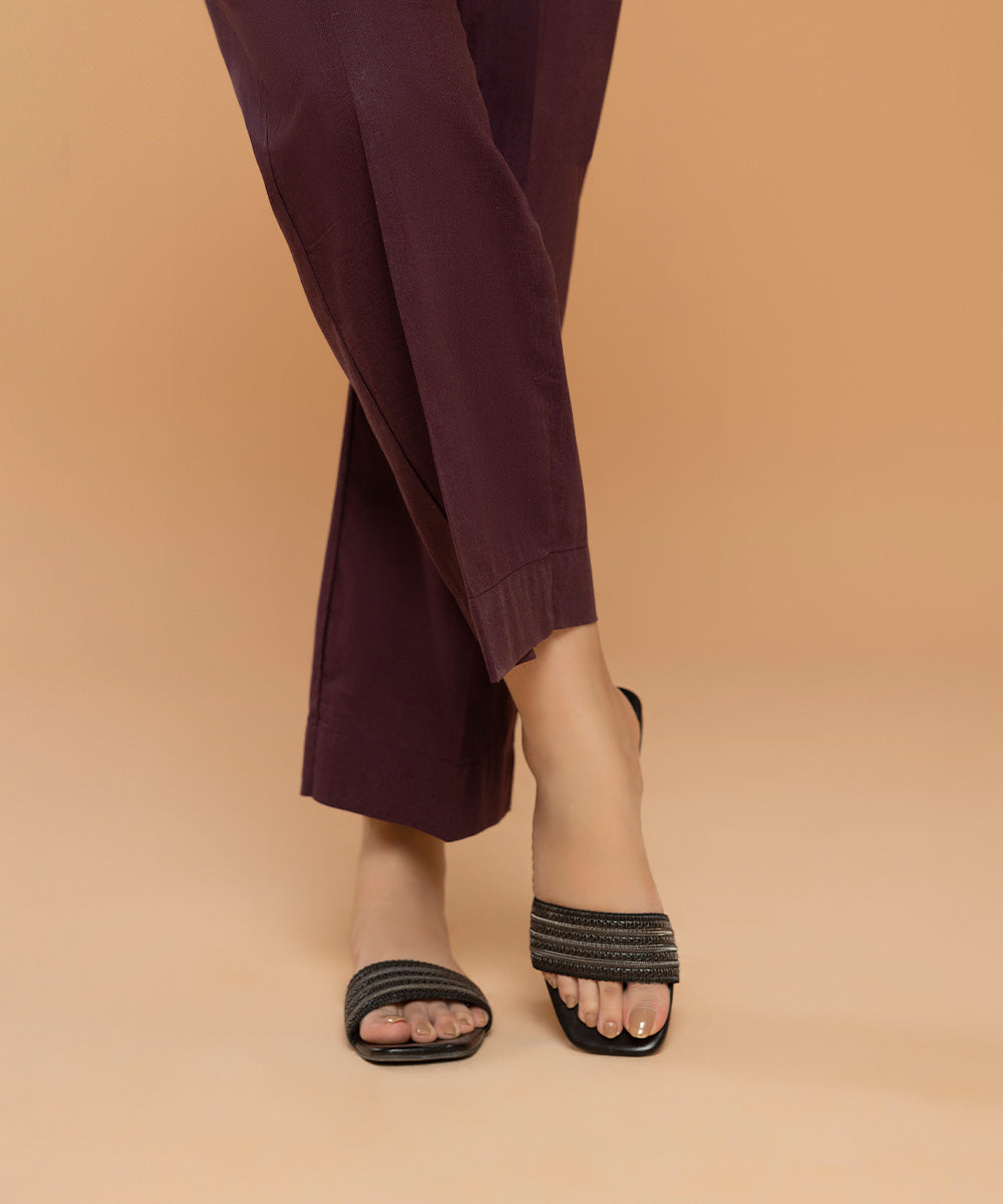 Pret Women's Textured Cotton Solid Purple Trousers