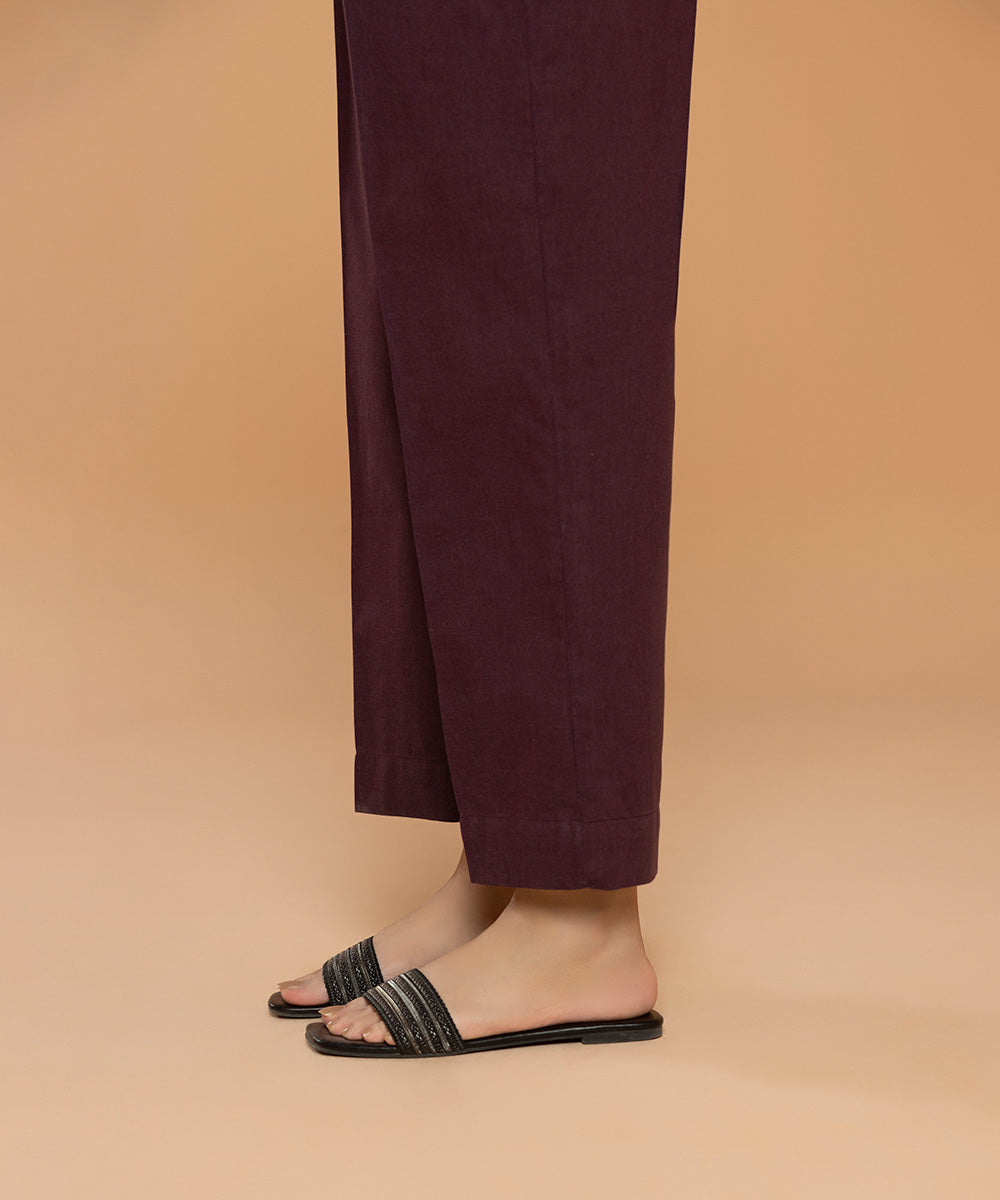 Pret Women's Textured Cotton Solid Purple Trousers