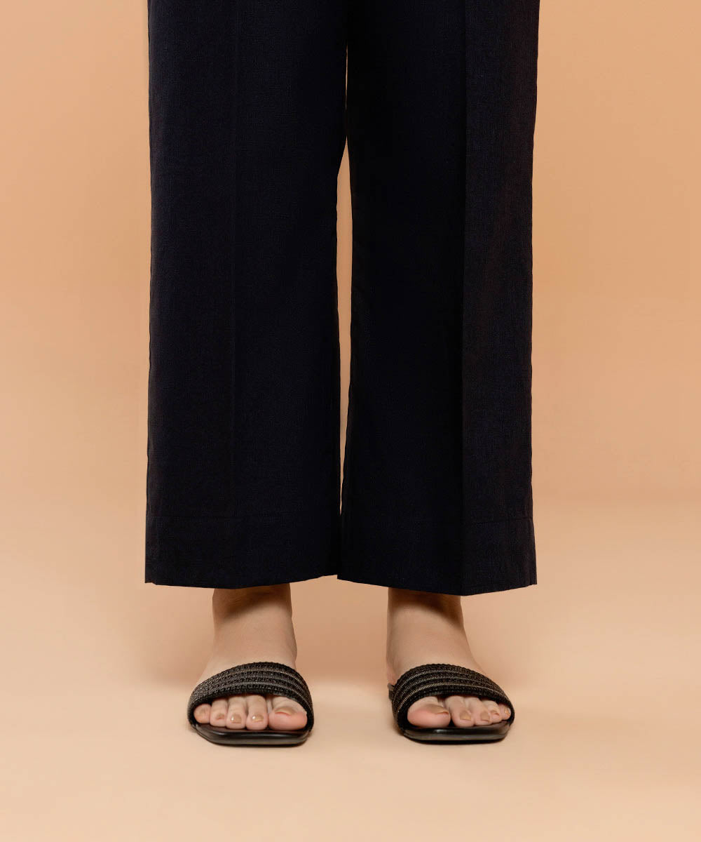 Pret Women's Textured Cotton Solid Blue Trousers