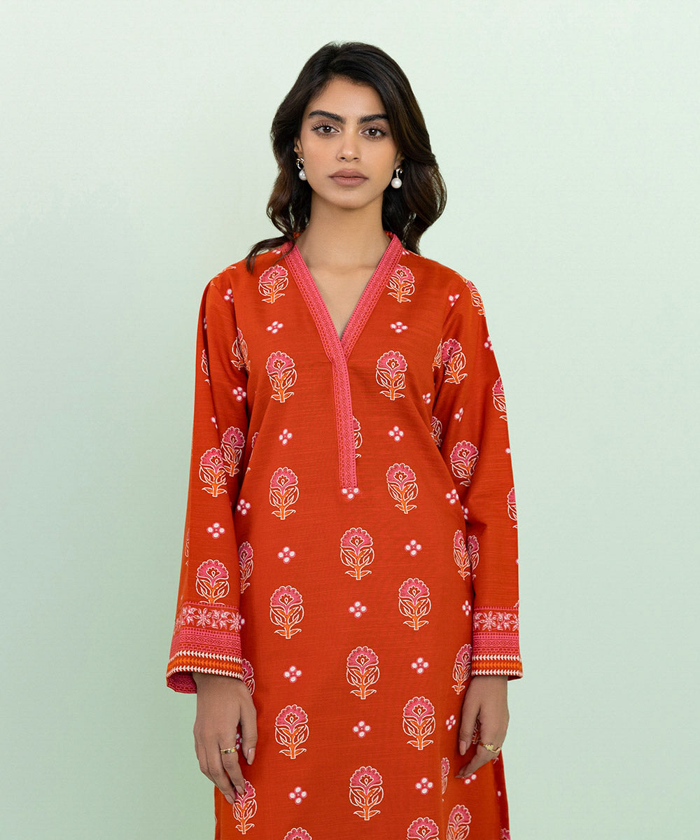 Women's Pret Khaddar Printed Orange Straight Shirt