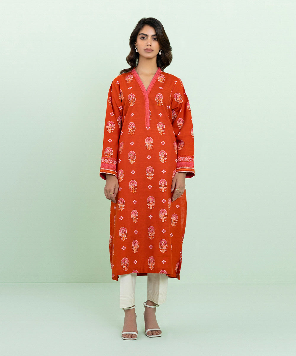 Women's Pret Khaddar Printed Orange Straight Shirt