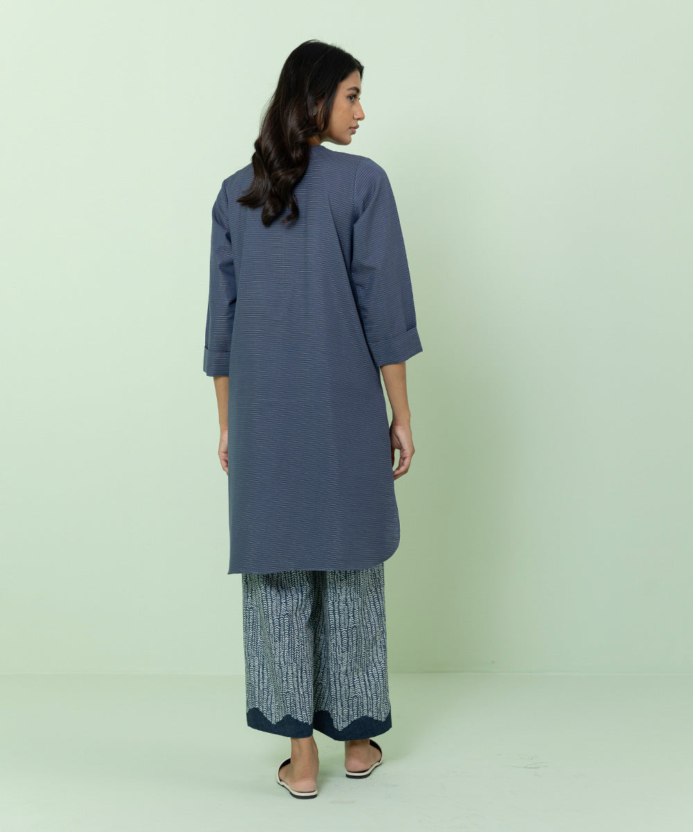 Women's Pret Zari Khaddar Solid Blue A-Line Shirt