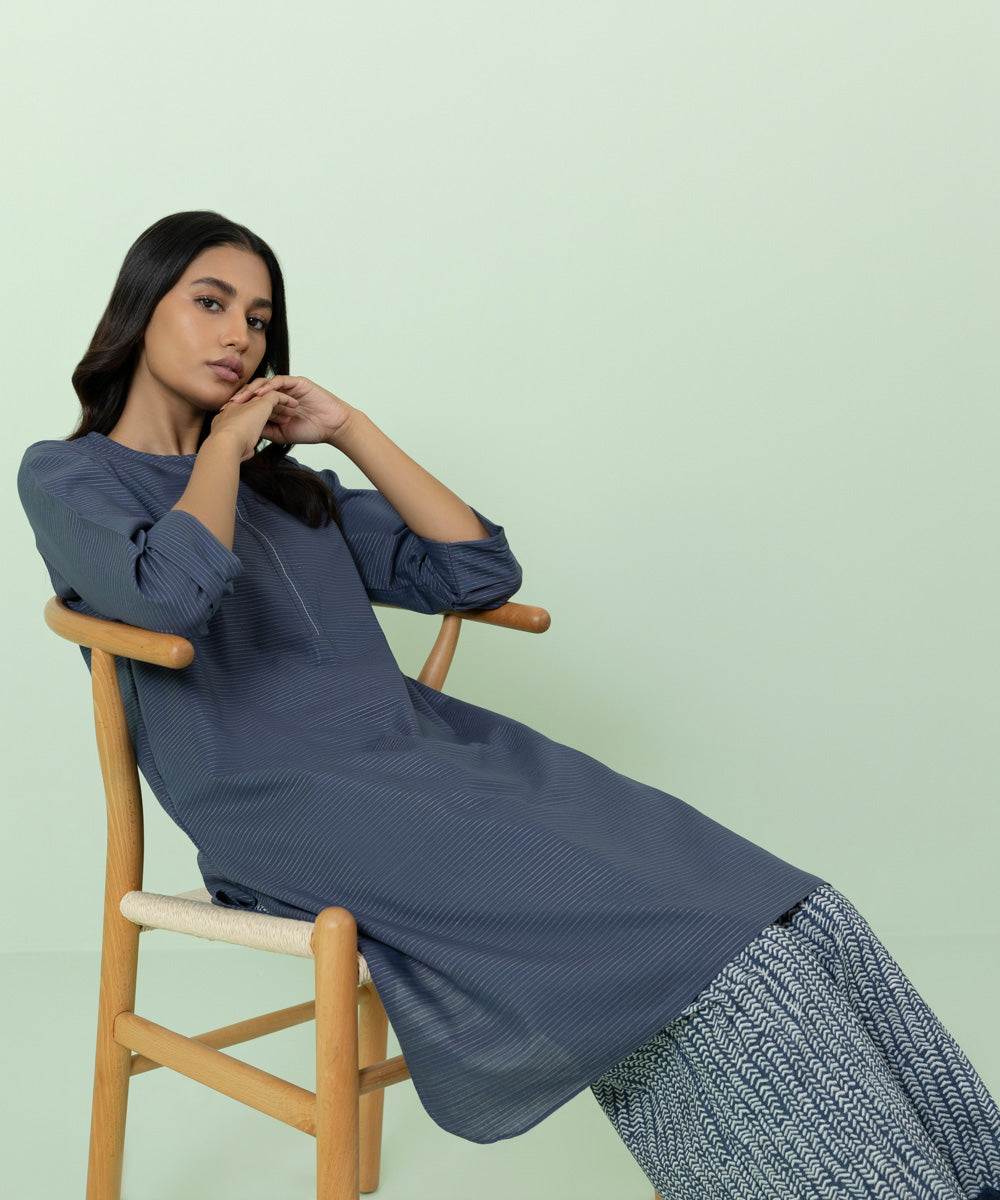 Women's Pret Zari Khaddar Solid Blue A-Line Shirt