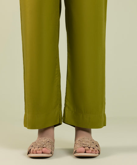Women's Pret Cottel Solid Green Straight Pants